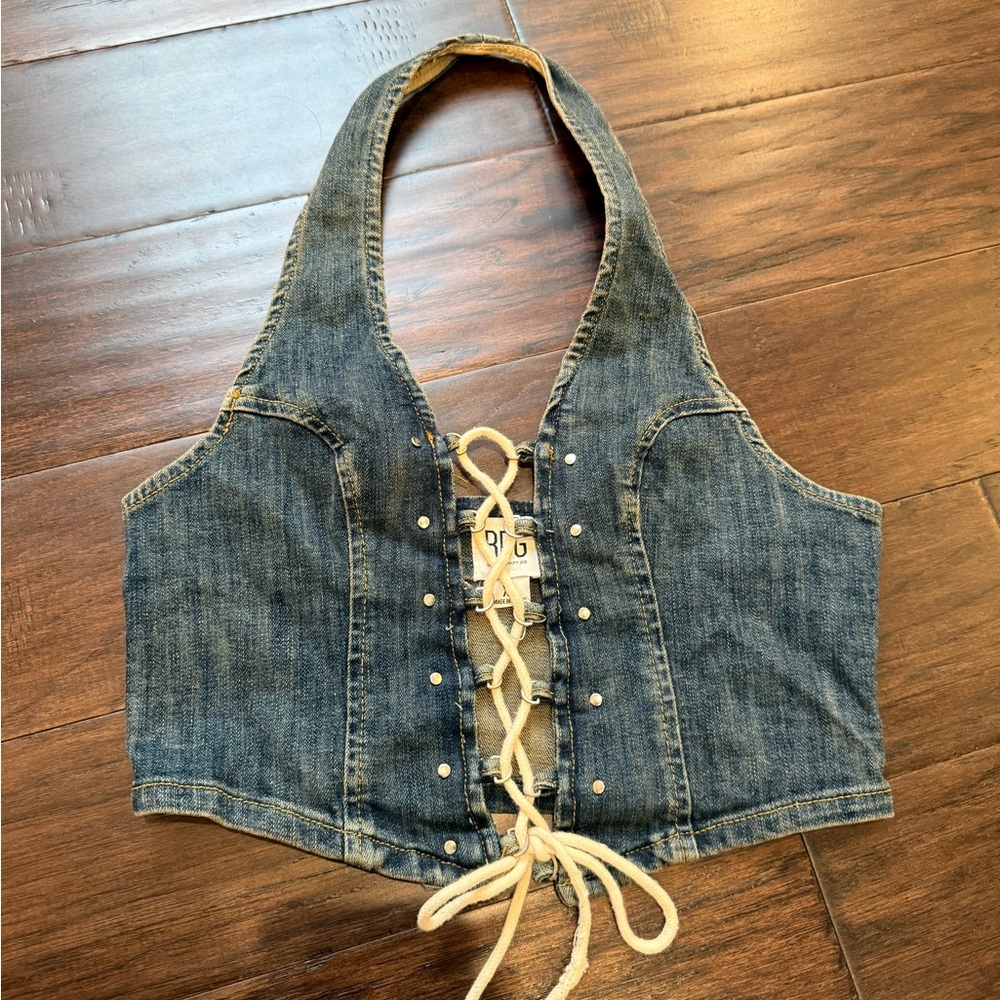 BDG Urban Outfitters Denim Lace-Up Halter Crop Top